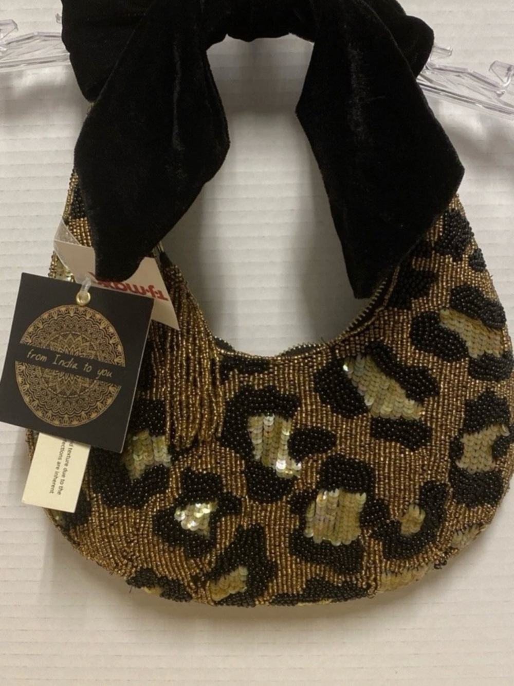 Beaded Leopard Print Shoulder Bag - Black & Gold